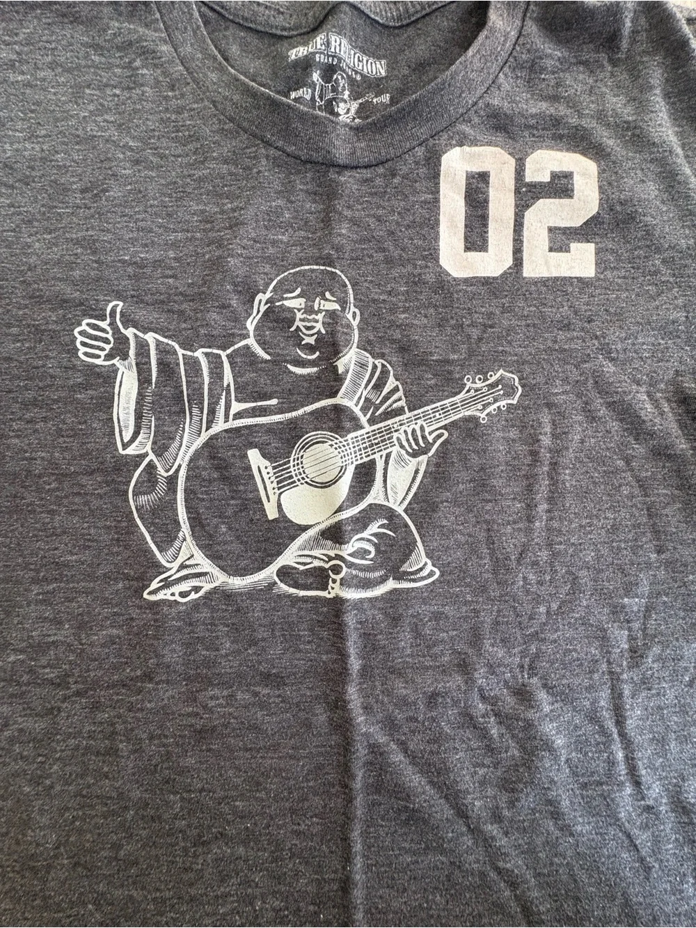 True Religion Charcoal Graphic Tee with Buddha Guitar and '02